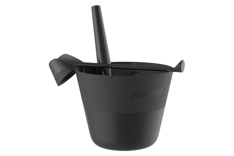 Black plastic sauna pail with wooden handle and matching black ladle, on white background