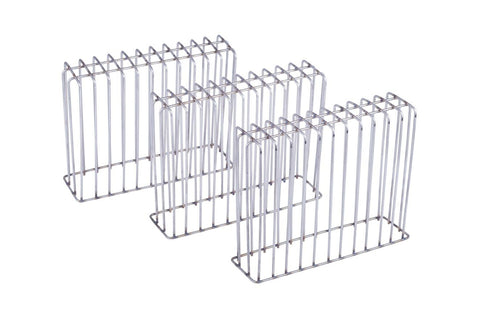 Set of three chrome metal air circulation grilles with vertical slat design and curved top handles, shown on white background