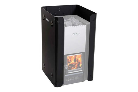 Black metal protective sheath for sauna heater with mounting brackets and ventilation openings on white background