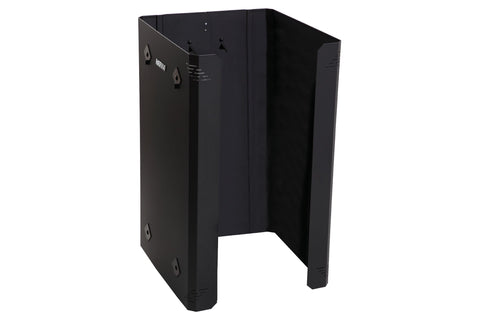 Black metal protective sheath for sauna heater with mounting brackets and ventilation openings on white background