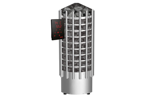 Harvia Glow Corner XE electric sauna heater with stainless steel body, black digital control panel displaying temperature, an