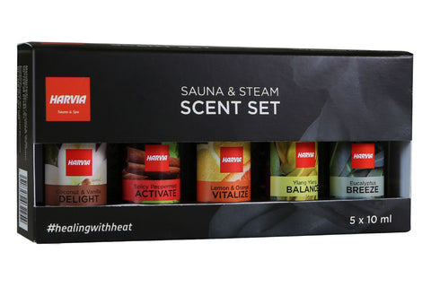Harvia sauna and steam scent set with five 10ml bottles in black box packaging, featuring Coconut & Vanilla Delight, Spicy Pe