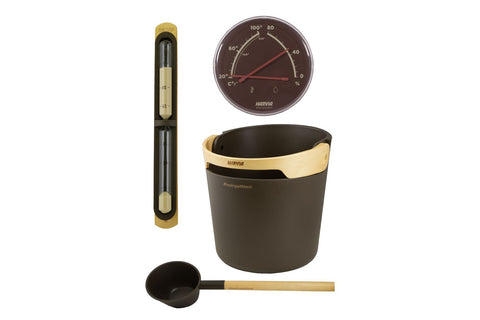 Harvia Helmi sauna pail and ladle set with chocolate brown metal pail, wooden handles, thermometer, and hygrometer on white b