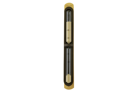 Harvia Helmi sauna sand timer with cream and dark brown wooden case, featuring two glass chambers with sand and temperature m