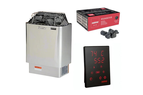 Harvia KIP electric sauna heater package with stainless steel heater unit, digital control panel with red display, and Kiuask