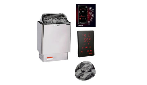 Harvia KIP electric sauna heater package with stainless steel heater unit, digital control panel with red display, and Kiuask
