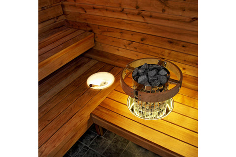 Harvia LED illuminated sauna bucket in cream plastic with white rim band on white background