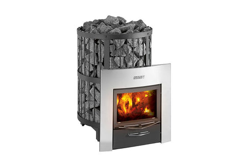 Harvia Legend 240 stainless steel sauna stove with lit fireplace window, black base, and gray rocks in top basket on white ba