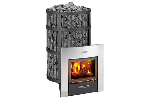 Harvia Legend 300 Duo wood-burning sauna stove with white front panel, black firebox window showing flames, and cylindrical b