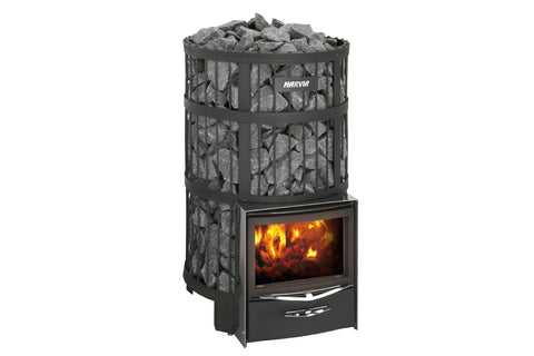 Harvia Legend 300 wood-burning sauna stove with black metal cage, gray stones on top, and visible flames in front window on w