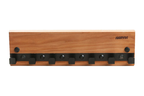 Harvia Legend sauna clothes hanger with natural wood construction and black metal hooks on white background