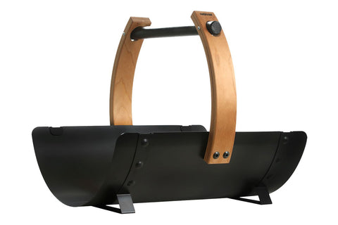 Harvia Legend sauna firewood basket with curved black metal body, wooden handles, and black metal rod on white background