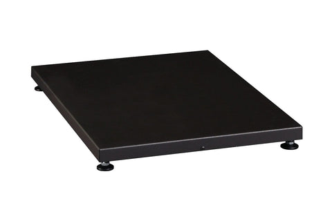 Black metal sauna heater protective platform with four rubber feet on white background
