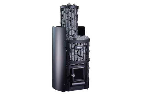 Black cylindrical metal protective sheath for sauna heater, shown on white background with decorative rock display