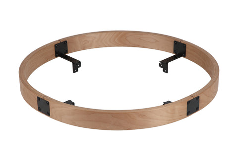 Natural birch wood circular safety railing with black metal brackets and mounting hardware on white background