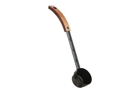 Harvia Legend sauna ladle with wooden handle and black metal bowl on white background