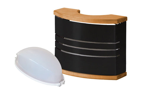 Curved black sauna light with clear frosted lens and natural wood trim, shown with product packaging on white background
