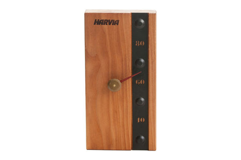 Harvia Legend sauna thermometer with wooden case, black temperature scale, and red pointer needle on white background