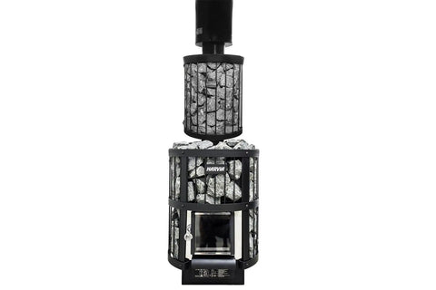 Harvia Legend black sauna heater with stacked stone design and cylindrical metal cage basket, on white background