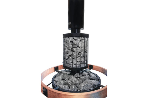 Harvia Legend black sauna heater with stacked stone design and cylindrical metal cage basket, on white background