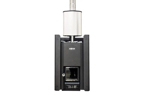 Harvia Linear 22 black wood-burning sauna stove with gray stones on top and visible flames in glass door window