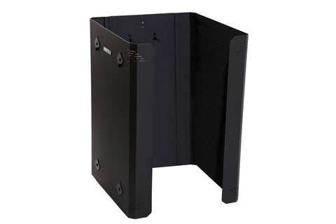 Black metal protective sheath for sauna heater with angled top, mounting brackets, and open front design on white background
