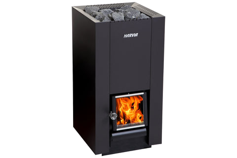 Harvia Linear 28 black wood-burning sauna stove with visible flames in front window and gray stones in top chamber
