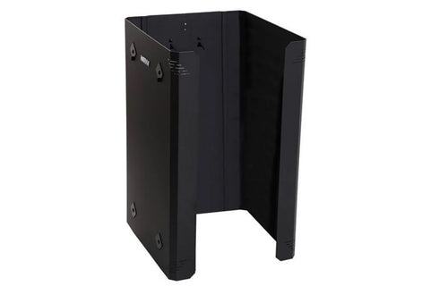 Black metal protective sheath for sauna heater with open front and mounting brackets, shown on white background