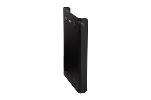 Black protective sheath for sauna heater with mounting brackets and ventilation slots, angled view on white background