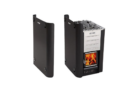 Harvia Linear 16 black protective side sheath with mounting brackets, angled view on white background