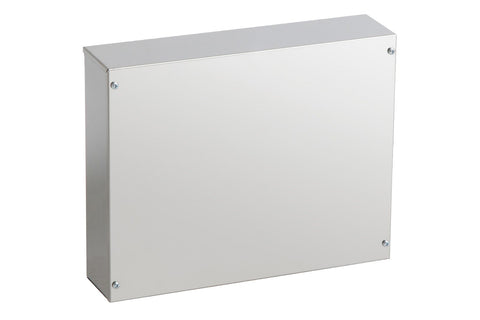 White metal electrical enclosure box with gray top and stainless steel mounting hardware on white background
