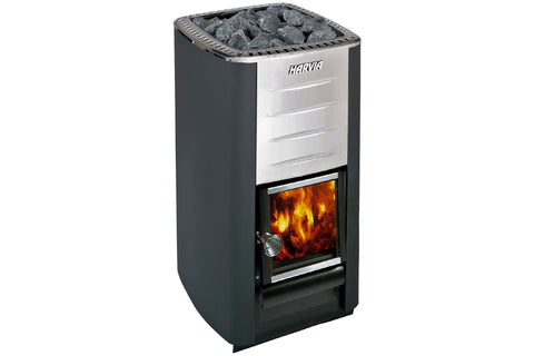 Harvia M3 black and stainless steel wood-burning sauna stove with visible flames and gray stones on top