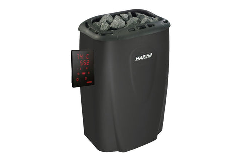Harvia Moderna XE black electric sauna heater with digital control panel and gray stones on white background