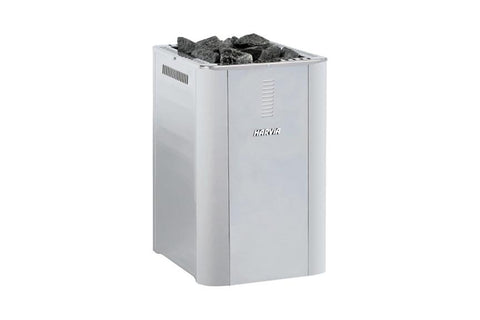 Harvia Pro 20 Duo white steel sauna heater with visible flames through glass door and dark rocks on top, against white backgr