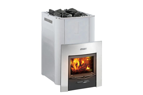 Harvia Pro 20 Duo white steel sauna heater with visible flames through glass door and dark rocks on top, against white backgr
