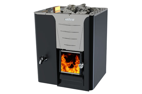 Harvia Pro 20 LS black and gray wood-burning sauna stove with gray rocks on top, visible flames in firebox, and built-in wate