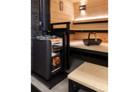 Black protective sheath with curved edges and attachment hardware, designed for sauna heaters, shown on white background