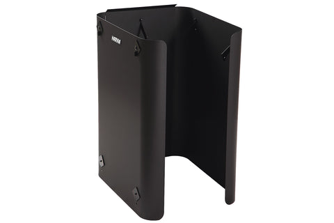 Black protective sheath with curved design and metal hardware, worn on white background