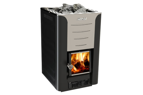 Harvia Pro wood-burning sauna stove heater with black and gray exterior, visible flames in firebox, and stone-filled top basi