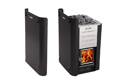Black protective heater sheath with mounting brackets, displayed on white background