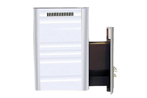 White and stainless steel sauna heater with lit fireplace window and dark rocks in top chamber, on white background
