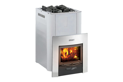 White and stainless steel sauna heater with lit fireplace window and dark rocks in top chamber, on white background