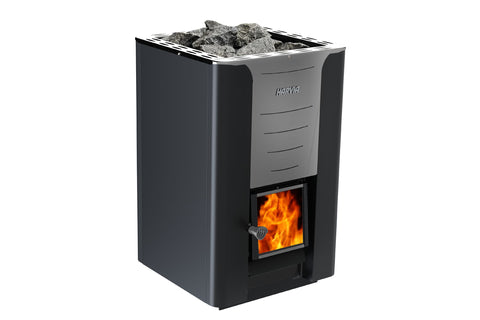 Harvia Pro wood-burning sauna stove heater with black and gray exterior, visible flames in firebox, and stone-filled top basi
