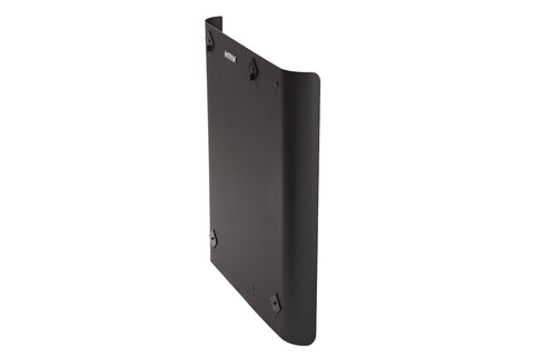 Black protective sheath for sauna heater with mounting brackets and ventilation slots, angled view on white background