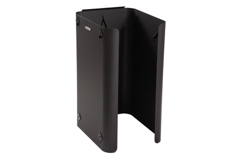 Black protective sheath for sauna heater with metal handles and hinged design, shown on white background