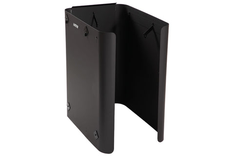 Black metal protective sheath for sauna heater with handles and mounting hardware on white background