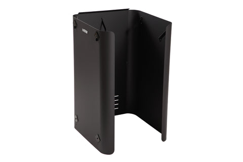 Black protective side sheath with metal handles and mounting brackets, designed for sauna heater protection