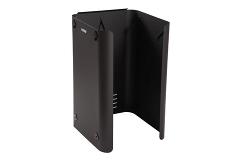 Black protective sheath for sauna heater with curved metal panels, ventilation slots, and mounting hardware on white backgrou
