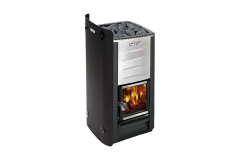 Black protective sheath for Harvia M Series sauna stove with mounting hardware, shown on white background