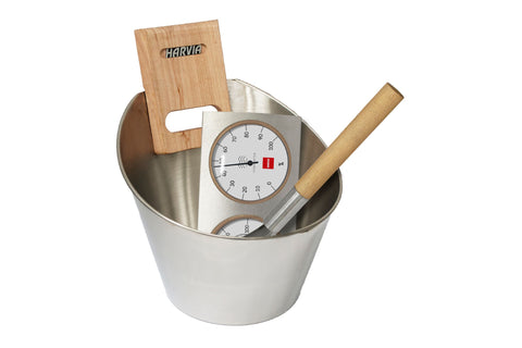 Harvia stainless steel sauna accessory set with wooden ladle, thermometer, and timer in white bucket